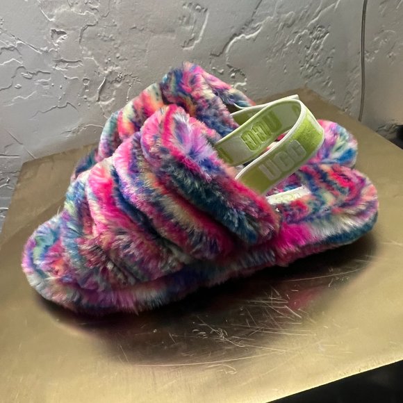 UGG Shoes - Ugg Fluff Yeah Pixilate Rainbow Fuzzy Slide Sandals Size 6